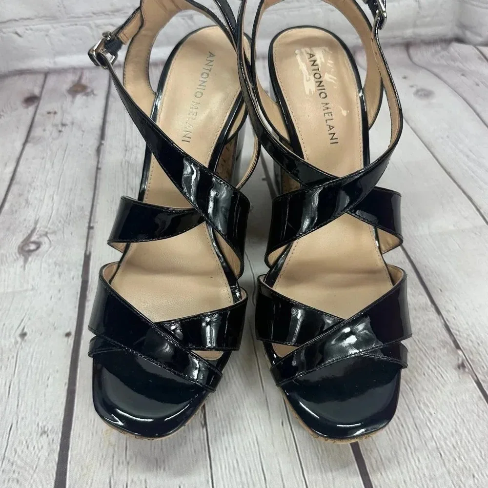 antonio melani SYDNIEE wedge sandals black patent cork look heel size 8.5